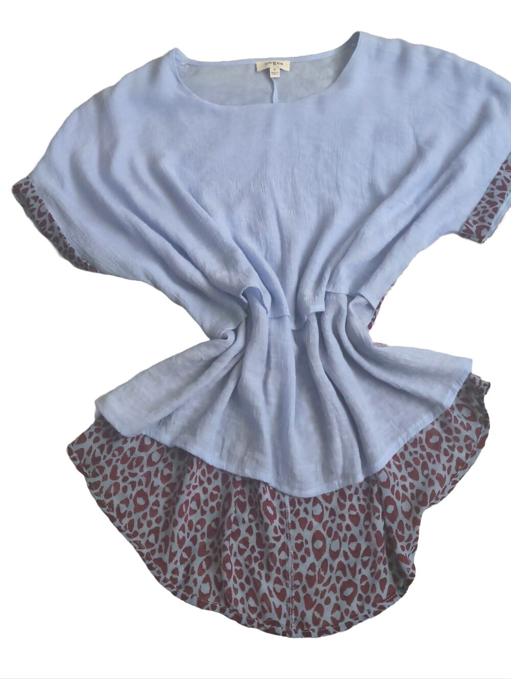 Umgee Blouse with Leopard-Trim. Periwinkle Color